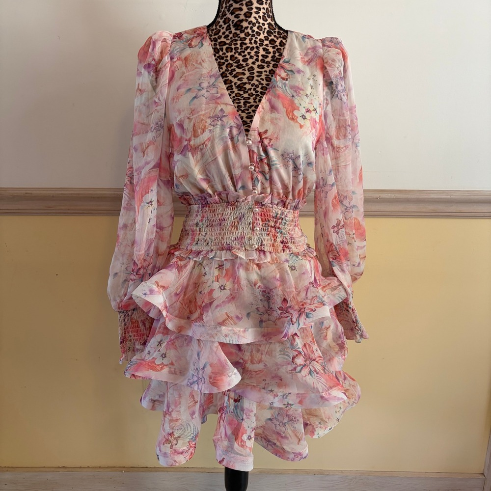 Elliatt Lovebird Pink Floral Chiffon Mini Dress Smocked Waist Tiered Ruffle Sz S